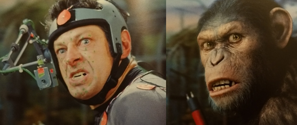 The arm in front of Serkis' face is a camera to closely capture his facial performance. You can see the dental prosthetic he used to get into character and help his face make more ape-like expressions.